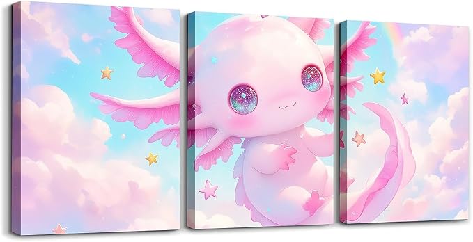 Feelyou Kids Cute Axolotl Picture Wall Decor Galaxy Cloud Wall Painting Posters and Prints Boys Girls Cartoon Animal Canvas Wall Art for Living Room Bedroom Rainbow Bathroom Wall Art 12"x16"x 3Pcs
