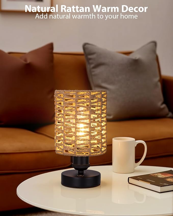 Cordless Outdoor Table Lamps, Small Rattan Boho, Rechargeable Battery Operated for Outdoor Patio, Home, Living Room, Bedroom, Bedside - Set of 2 (Beige-B)