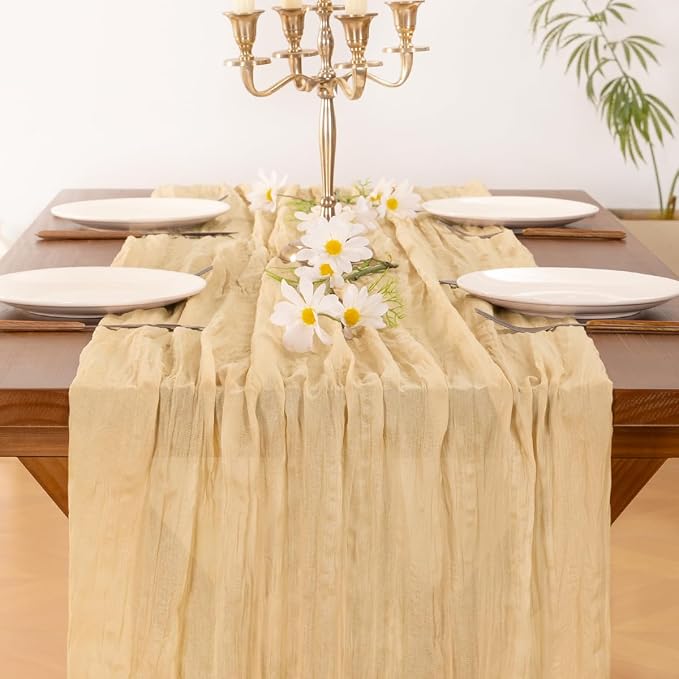 Cheesecloth Table Runner Fall Boho Wedding Birthday Party Home Decor | Sand Champagne 2pcs Rustic Gauze 10FT Cheese Cloth Sheer Farmhouse Runner for Baby Shower Bridal Holiday Decorations