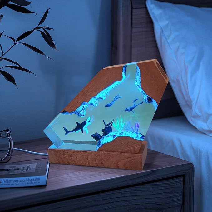 Handmade Shark Resin Lamp with Wooden Base