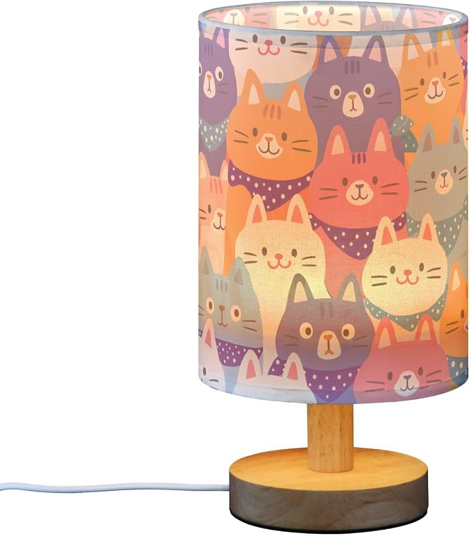 Bedside Lamp Cartoon Cat Table Lamp for Bedroom LED Nightstand Lamp Shade USB Ports Wood Base for Living Room Dorm Office