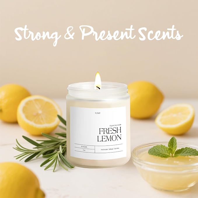 Fresh Lemon Highly Scented Candle for Home, 9oz Non Toxic Soy Candle | Natural Aromatherapy Candles with Essential Oil, Home Fragrance Stress Relief & Meditation Jar Candles Gifts for Women & Men