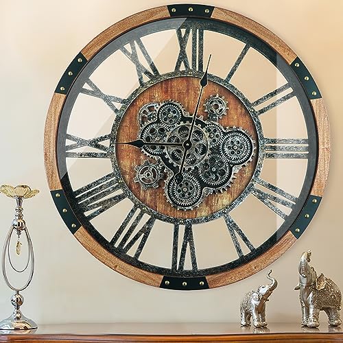 24 Inch Moving Gear Wall Clock, Oversized Wall Clocks, Clock Living Room Decor, Solid Wood Frame, Battery Operated, Large Wall Clock with Steampunk Industrial for Fireplace(Brown)