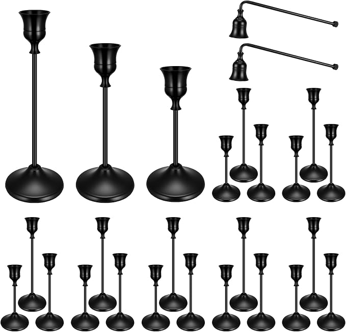 24PCS Brass Black Taper Candle Holders Set, Vintage Candlestick Holders | Tall Table Centerpiece, Pillar & LED Candles, Wedding Reception, Festive Christmas Mantel Decoration, Plus Candle Snuffer