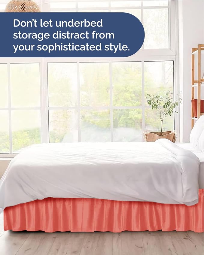 Wrap Around Dust Ruffle Bed Skirt, King Size Beds - 24 Inch Drop, Coral | Easy Fit Elastic Strap, Adjustable Pleated Bedskirt w/Brushed Fabric, Wrinkle & Fade Free, for Women, Men, Kids & Teens