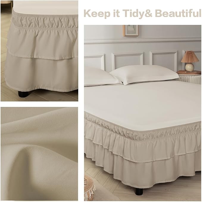 Double-Layered Ruffled Bed Skirt,Taupe,Full/Queen, 14" Drop | Wrap Around, Adjustable Elastic, 2 Layer, Machine Washable Soft Fabric, Multi Ruffle Bedskirt