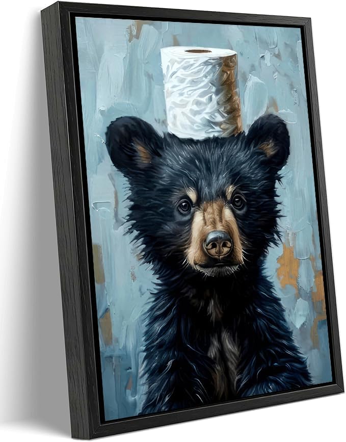 Black Framed Funny Bathroom Bear Canvas Wall Art, Black Bear with Paper Poster Print Artwork, Humor Animal Painting Picture Wall Decor, for Kids Restroom, Cabin, Bathroom, Home Decoration, 12x16in