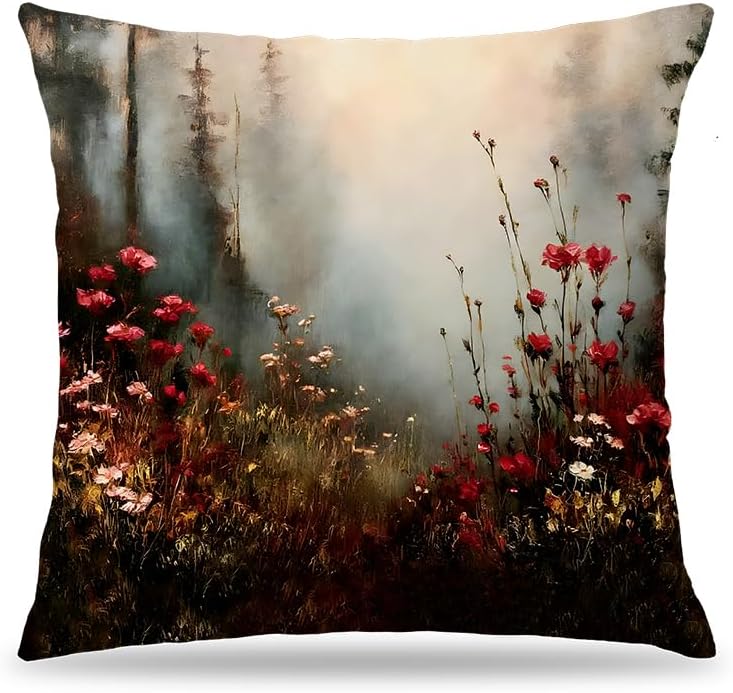 Vintage Moody Red Floral Pillow Cover 18x18 Double-Sided, Dark Gothic Misty Forest Landscape Decorative Throw Pillow Cover for Home Bedroom Living Room