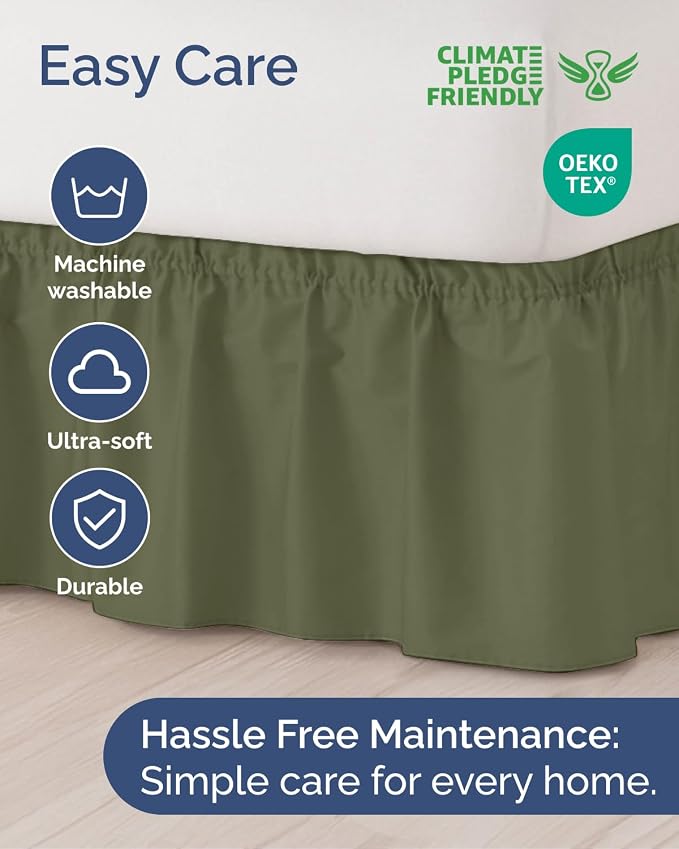 Wrap Around Dust Ruffle Bed Skirt - College Dorm Room - Twin/Twin XL | Sage Green, 12 Inch Drop, Elastic Strap & Adjustable Pleated Bedskirt, Wrinkle Free, for Women, Men, Students, Kids & Teens