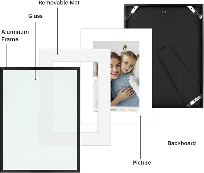Frametory 12 Pack 9x12 Aluminum Frame with Mat for 6x8 Photo, Black