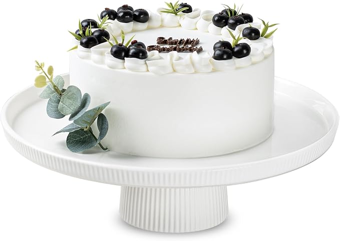 10 Inch Ceramic Cake Stand - Elegant White Pedestal Cake Plate with Non-Slip Base for Wedding, Birthday, Baby Shower, Cupcake and Dessert Table Display, Food-Safe Round Cake Platter