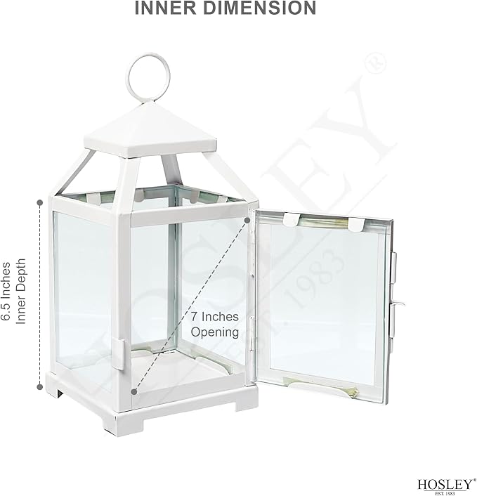 Hosley Set of 2 Clear Glass and Iron White Color Farmhouse Classic Style Lantern 12 Inch High Ideal Gift for Weddings Bridals Special Occasions Parties Aromatherapy and Spa Settings O4