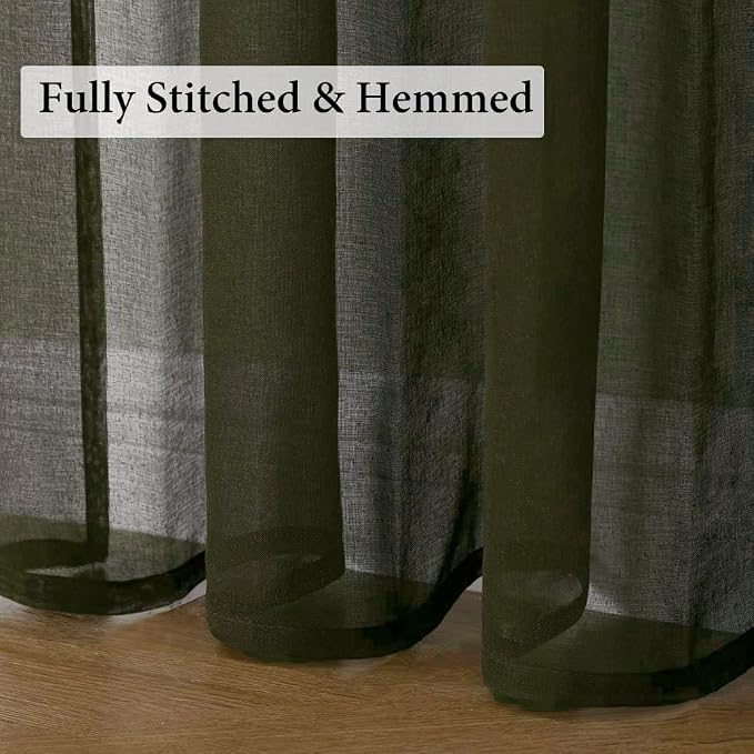 MIULEE Olive Green Linen Textured Semi-Sheer Curtains 42W×45L Kitchen | Semi Transparent, Farmhouse, Window Net Panels with Rod Pocket for Bedroom Living Room