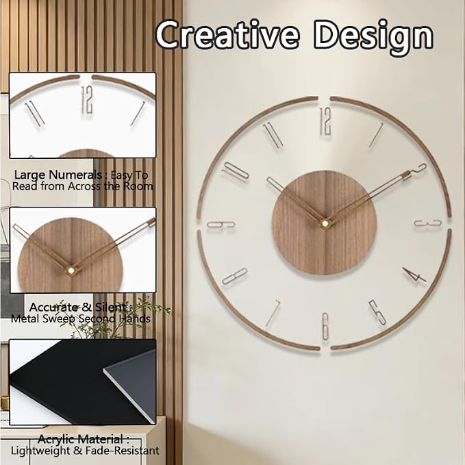 Modern Minimalist Wooden Wall Clock - Silent Non-Ticking Battery Operated Wall Clock for Living Room Bedroom Kitchen Office Decor, 12 Inch Large Wall Clock with Sleek Open Frame Design