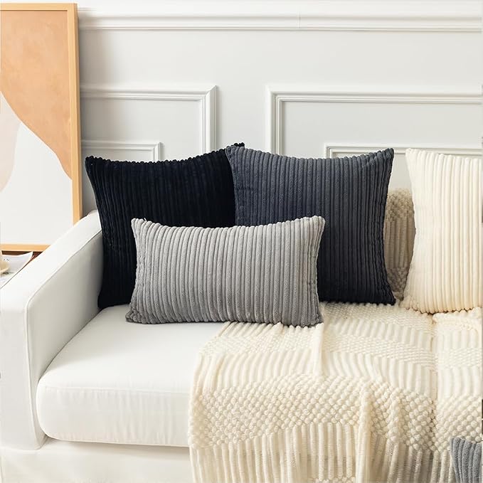 Kevin Textile Striped Corduroy 24”x24” Pillow Covers 2 Pack, Black