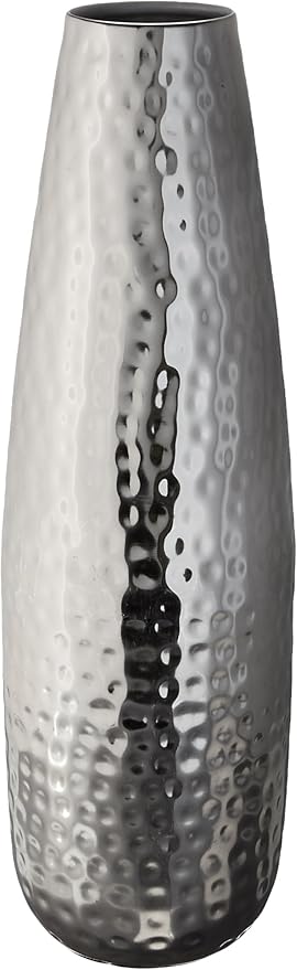 Hosley Hammered Metal Vase, 16.5” Tall Silver Teardrop Flower Vase for Centerpieces, Table Décor, Home & Wedding