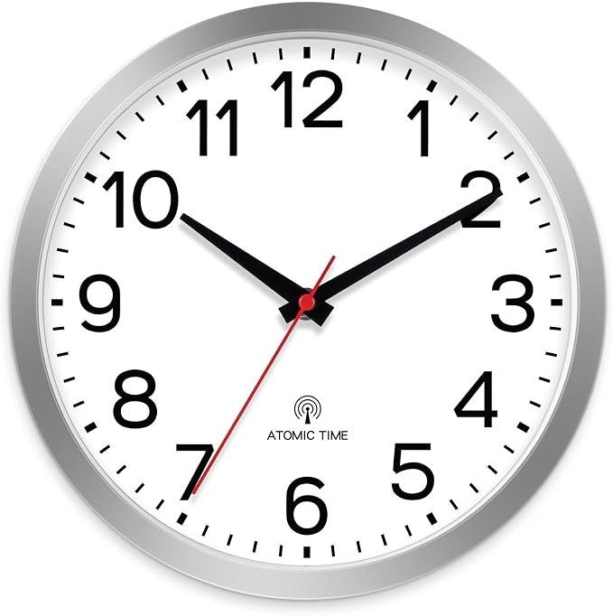 AKCISOT 12 Inch Wall Clock, Silent Battery Operated Analog Clock, Silver | Atomic | Office | Kitchen | Living Room | Classroom | Easy-to-read Numbers