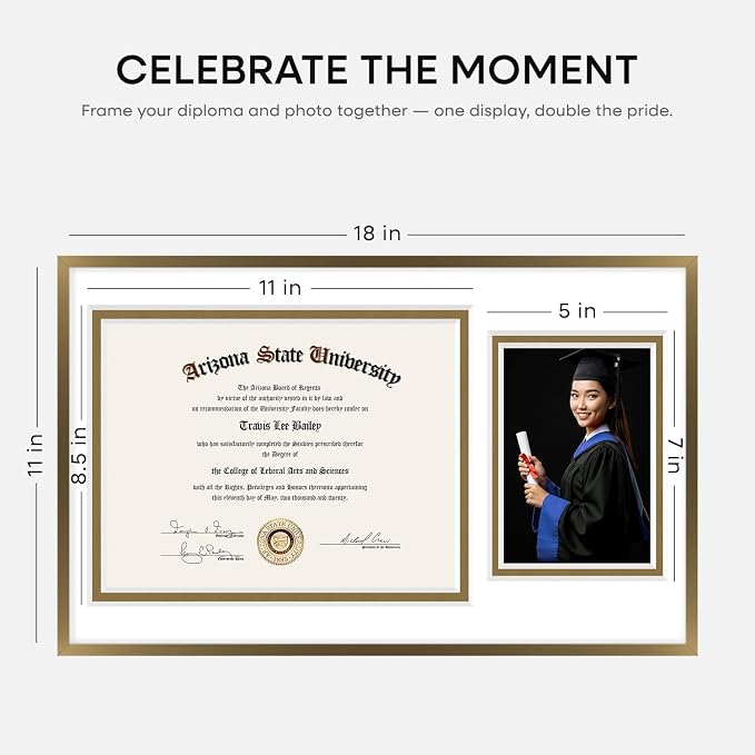 Homeforia 11x18 Bronze Diploma Frame, High-End Metal, 8.5x11 & 5x7 Mat