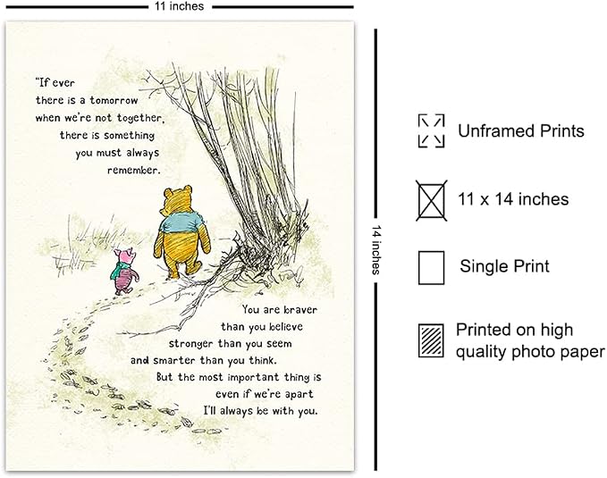 Winnie Pooh Wall Art - Kids Wall Art - Boys Room, Baby Nursery Decor - Girls Bedroom Print - Wall Decor for Toddlers - Always Remember You Are Braver Than You Believe - A. A. Milne Poster 11x14 Gift