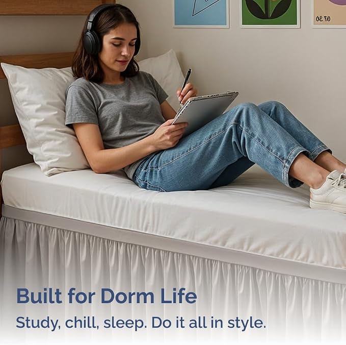 Dorm Room Bed Skirt Full XL - College Dorm Essentials - Light Grey, 36 Inch | Extra Long Dust Ruffled College Bedskirt with Split Corners, Easy Fit Elastic Strap, Adjustable, Fade & Wrinkle Free