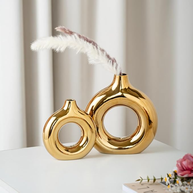 White and Gold Donut Vase, Modern Ceramic Vase for Pampas Grass, Perfect Centerpiece for Weddings, Living Room, and Office Decor (Full Gold, S)
