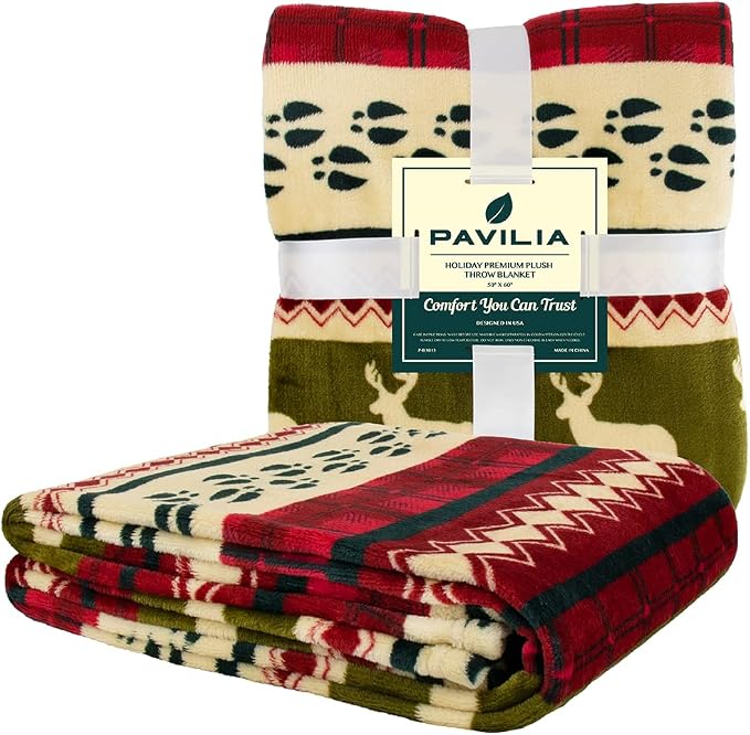 Pavilia Plush Red Christmas Fleece Throw Blanket - Soft, Warm Winter Cabin Throw, 50x60
