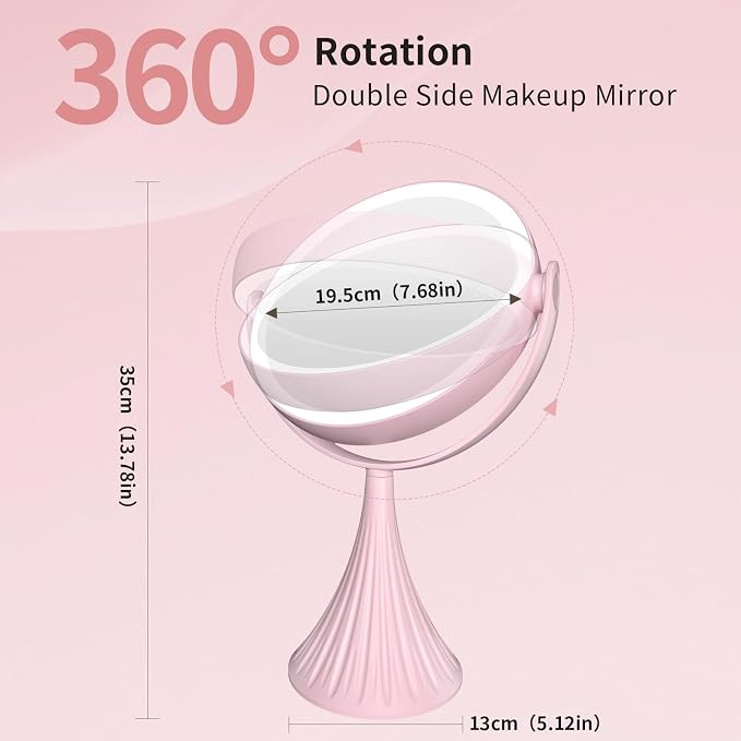 LED Vanity Mirror with Lights, 7.6" Double Sided Makeup Mirror, 1X/10X Magnifying Mirror with 3 Color Lighting Modes, Dimmable Touch Control, 360° Rotation, Rechargeable Vanity Mirror for Bedroom,Dorm