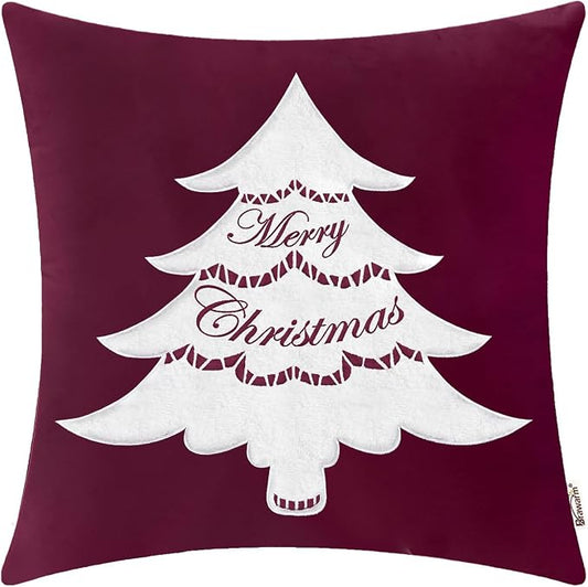 BRAWARM Christmas Pillow Cover 18 X 18 Inches, Burgundy Christmas Tree Embroidered Pillow Cover, Soft Velvet Decorative Throw Pillow for Couch Bed Sofa Living Room Home