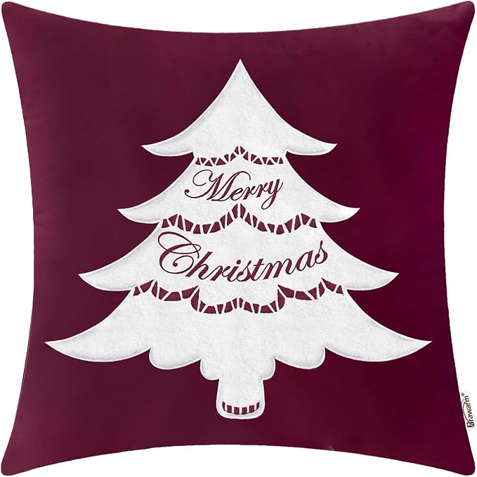 BRAWARM Christmas Pillow Cover 20 X 20 Inches, Burgundy Christmas Tree Embroidered Pillow Cover, Soft Velvet Decorative Throw Pillow for Couch Bed Sofa Living Room Home