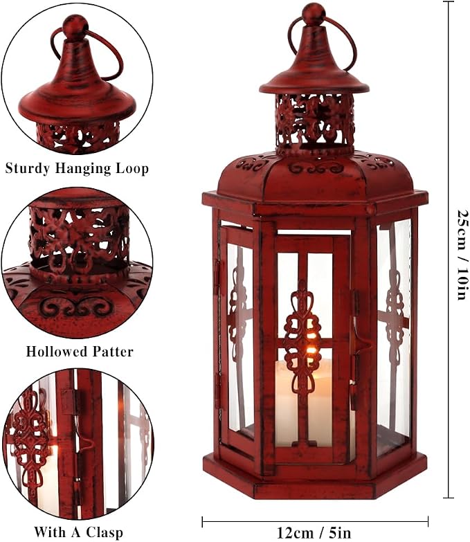 JHY DESIGN Decorative Candle Lantern 10“H Vintage Hanging Lantern Metal Candleholder for Indoor Outdoor Events Parities and Weddings (Red with Black Brush)