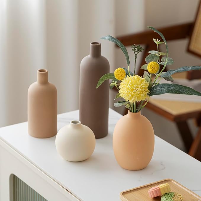 Modern Ceramic Vase Set, Neutral Colors, Decorative Vases for Home Shelf Decor, 4 Piece Collection, Happy Birthday Gifts for Women Mom Her Friend Sister Wife Grandma, Self Care Gift (Coffee Mix set 4)