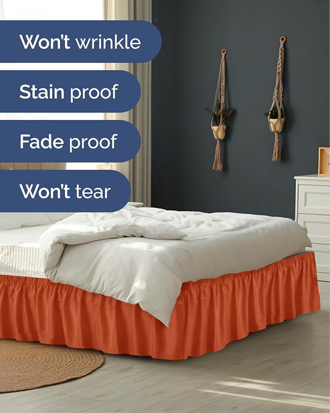 Wrap Around Dust Ruffle Bed Skirt, King Size - 15 Inch Drop, Terracotta | Easy Fit Elastic Strap, Adjustable Pleated Bedskirt w/Brushed Fabric, Wrinkle & Fade Free, for Women, Men, Kids & Teens