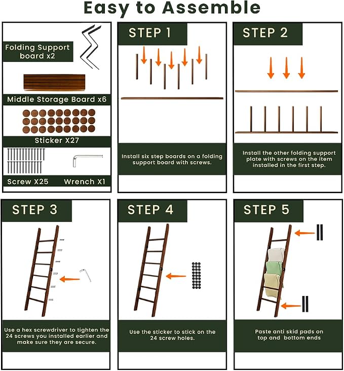 Wooden Blanket Ladder for Living Room 6-Tier, Decorative Ladder Blanket Rack & Quilt Ladder Decor, Rustic Farmhouse Wood Ladder, Anti-Slip Sturdy Blanket Holder, 68 Inch Tall, Rustic Brown