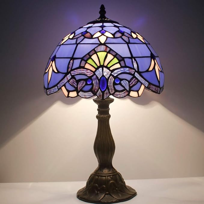 WERFACTORY Tiffany Lamp Stained Glass Table Lamp 18Inch Blue Purple Baroque