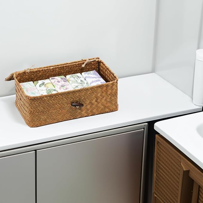 Wicker Storage Basket with Lid, Seagrass Storage Baskets for Organizing | Rectangular Woven Basket for Storage, Decorative Boxes Bins with Lid Home Organizer Decor, Small Storage Box, Shelf Organizer