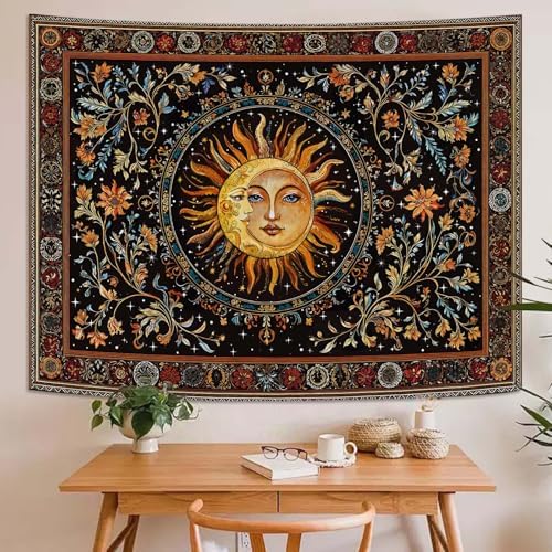 Accnicc Vintage Sun and Moon Tapestry Hippie Indie Boho Floral Wall Tapestry for Bedroom Aesthetic Stained Glass Celestial Plant Small Tapestries Wall Hanging for Living Room Dorm 48 x 36 Inch