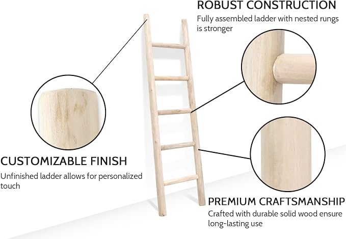 FUIN Blanket Ladder, 57in Rustic Wood Decor Rack, Fully Assembled, Natural | Farmhouse living room accent, Layered blanket towel quilt display, Visible wood grain, Bathroom and Bedroom use