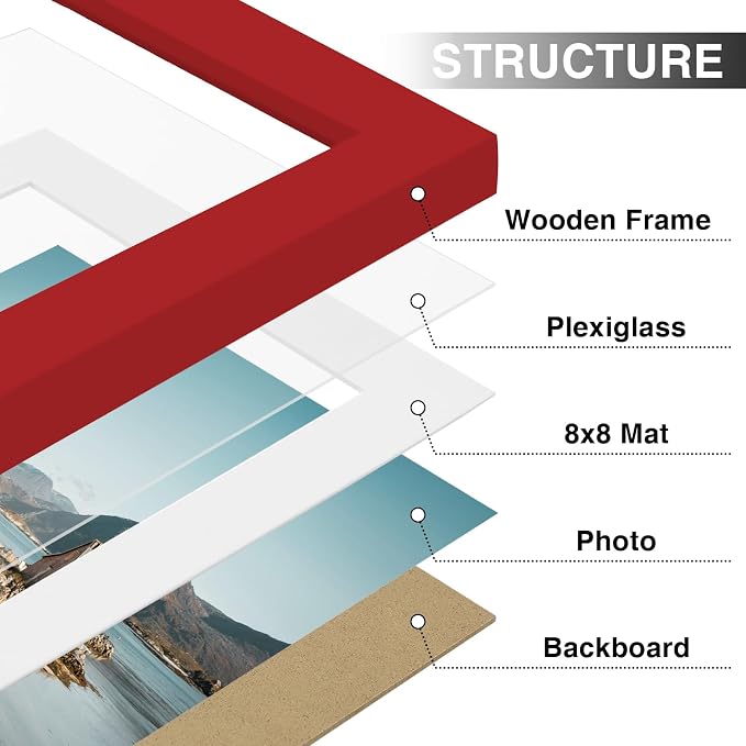 Vittanly 12x12 Picture Frames Set of 9 for Wall Mounting, Red | Display Pictures 8x8 with Mat or 12x12 without Mat for Wall Mounting, Square Photo Frames for Home Decor, Engineered Wood