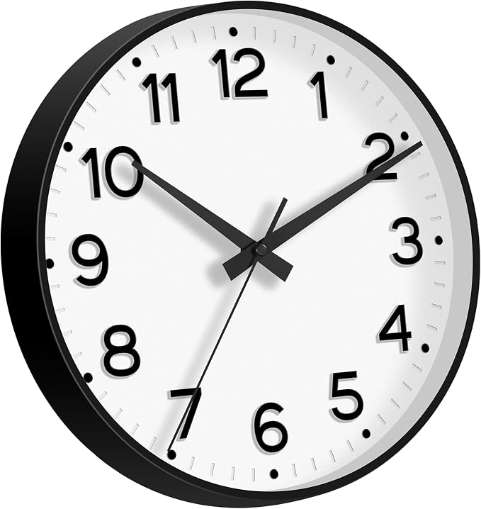 Roymnie 8 Inch Wall Clock, Battery Operated Silent Non Ticking Analog | Black modern analog; large 3D easy-read dial for kitchen, office, bathroom & bedroom; 1 AA battery (not included)