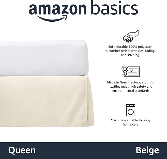 Amazon Basics Lightweight Pleated Bed Skirt,Beige, Wrinkle Resistant, Fade Resistant, Machine Washable, Queen (Pack of 8)