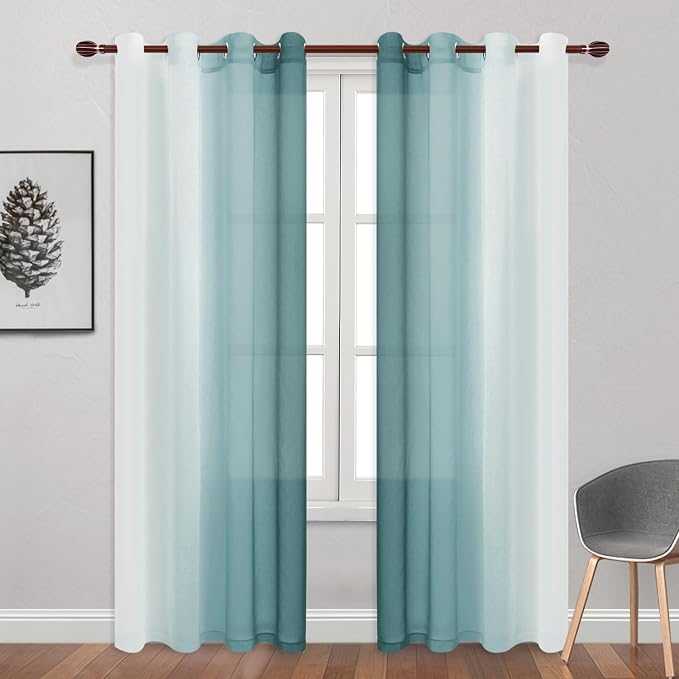 DWCN Ombre Faux Linen Extra Long Sheer Curtains - Semi Voile Gradient Grommet Top Curtains for Bedroom and Living Room, 52 x 102 Inches Long, Set of 2 Window Curtain Panels, Peacock Blue