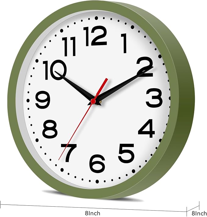 Roymnie 8 Inch Small Wall Clock, Battery Operated Silent Non Ticking Green | analog wall clock; bold numerals for easy reading; silent non-ticking; 1 AA battery (not included); for classroom
