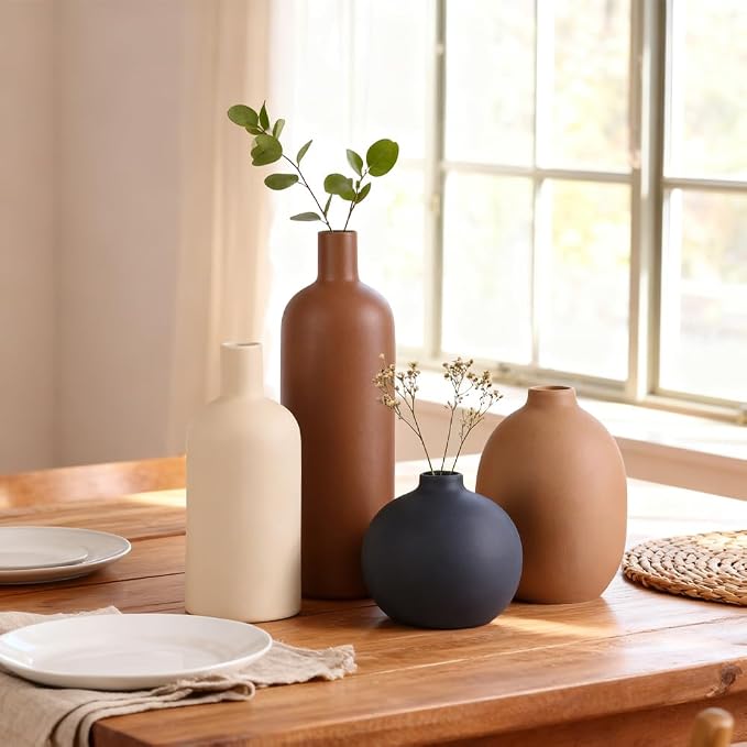 Ceramic Vase Set of 4, Neutral Flower Vase Home Decor, Rustic Modern Farmhouse Decor Pottery Vases for Bedroom,Living Room,Bookshelf Decoration, Centerpiece Table Decor,Boho Decor