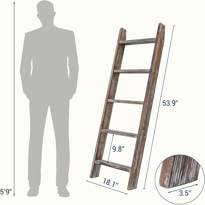 MyGift 4.5 Foot Torched Brown Wood Decorative Blanket Ladder Shelf | Farmhouse Display Storage Throw Quilt Organizer Rustic Décor Living Room Bedroom Interior Accent Leaning Shelving