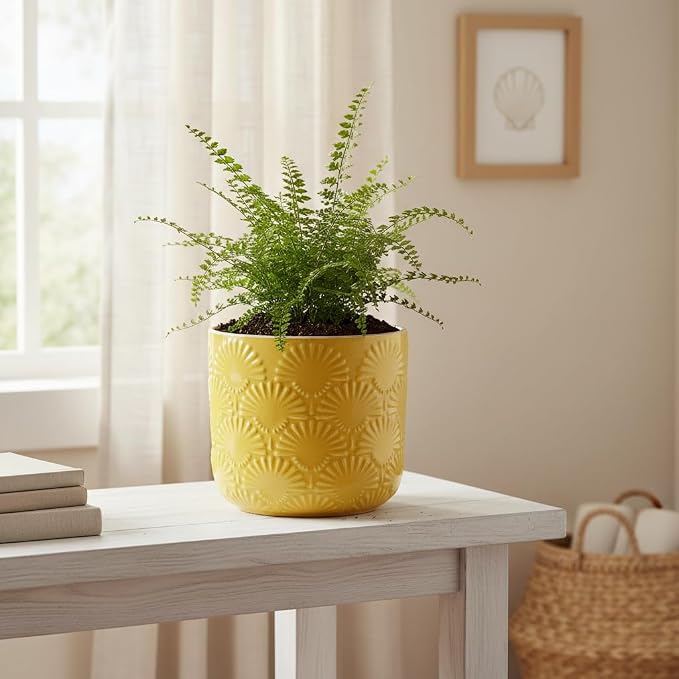 Boho Ceramic Planter，6.7" Contemporary Flower Pot for Indoor Outdoor Plants | Decorative Glazed Embossed Fan Textured Plant Pot with Drainage Hole & Plug, Bohemian Chic Home Garden Decor, Butter Yellow