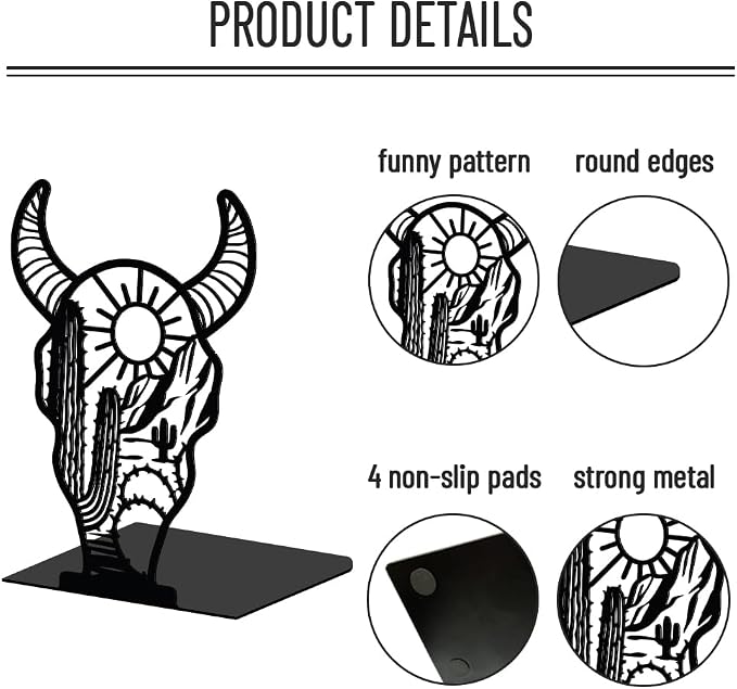 WADORN 1 Pair West Cow Skull Metal Decorative Bookend for Shelves, Heavy Duty Book Ends Modern Non-Skid Books Holder Stand Black Book Support Stoppers for Desk Bookshelf Office Home, 5.3x4.3x7.9 Inch