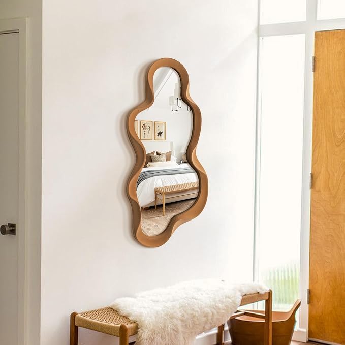 Boho Wavy Mirror Wall Decor for Girly Bedroom Dorm,Brown,13.8x29.9 | Soft Flocking Touch,Cute Abstract Decorative Mirrors for Modern Apartment Nursery Room Decoration,Large Hanging Wall Art