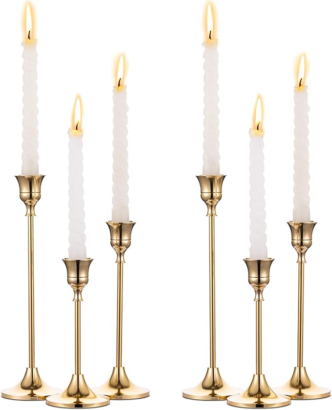 NUPTIO Candlestick Holders Vintage Centerpiece: Gold Antique Moody Decor | Set of 6 Solid Aluminum Candle Stick Taper Holders French Country Victorian Decoration for Christmas Dining Table Fireplace