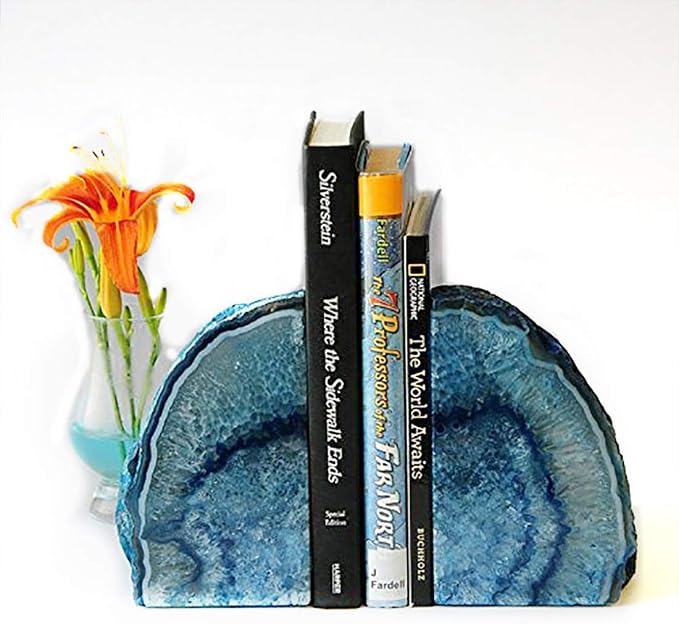 JIC Gem Blue Agate Geode Bookends Heavy Duty Hippo bookends 1 Pair 3-4Lbs | Decorative Gemstone Stoppers with Non-Skid Rubber Bumpers for Shelves Home&Office Tabletop Decor Unique Crystal Supports Gift