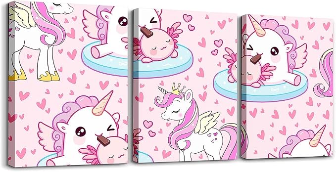 Feelyou Kids Unicorn Wall Painting Posters and Prints Cute Axolotl Picture Wall Decor Kawaii Animal Canvas Wall Art for Living Room Bedroom Boys Girls Rainbow Teens Bathroom Wall Art 12"x16"x 3Pcs